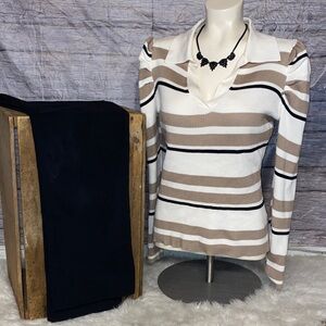 No Boundaries Cream and Tan Striped V-Neck Long Sleeve Top